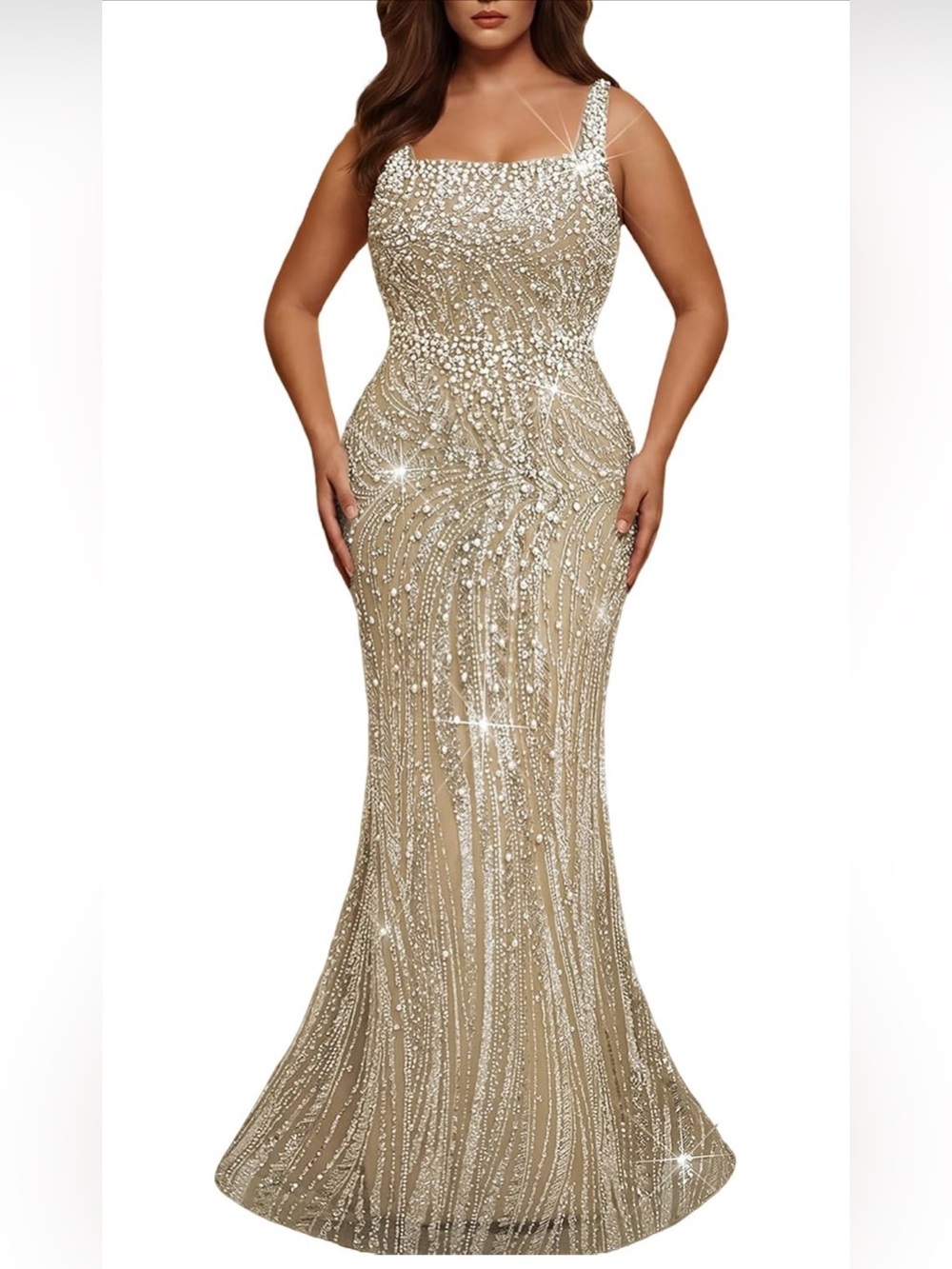 NWT Pearl Beaded Sequin Mermaid Formal Gown Beige M